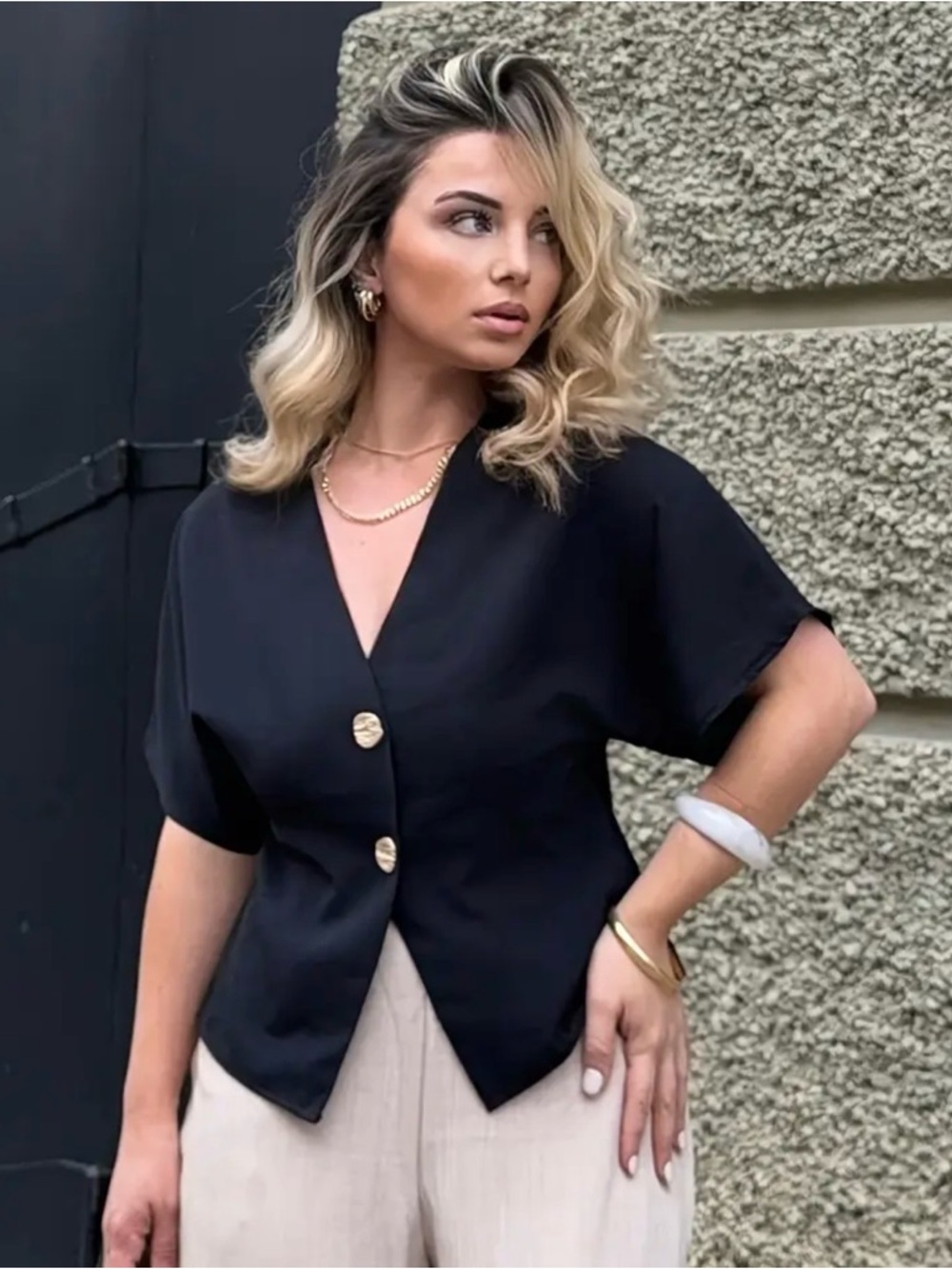 Black Short-Sleeve V-Neck Blouse with Gold Buttons - Women